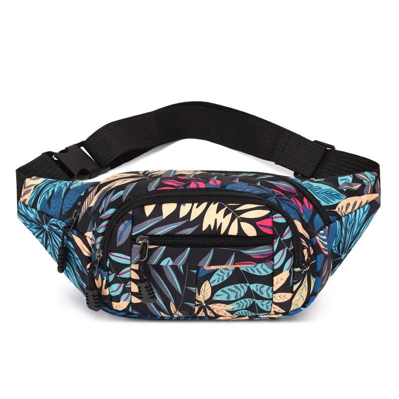 Leaf Printed Waist Bags Large Capacity Fanny Pack Canvas Travel Banana Bags