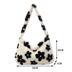Women Plush Flower Pattern Shoulder Bags Faux Fur Handbag