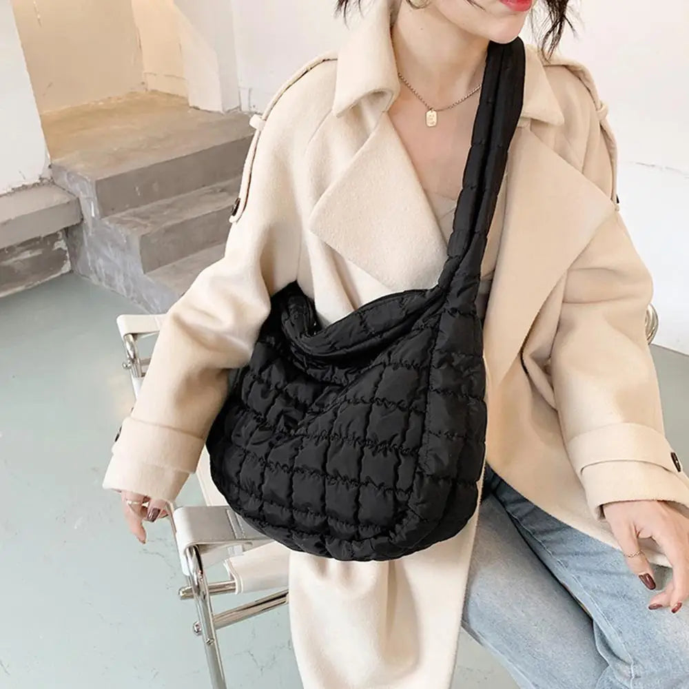 Lattice Pattern Shoulder Bag Space Cotton Handbag Women Large Capacity