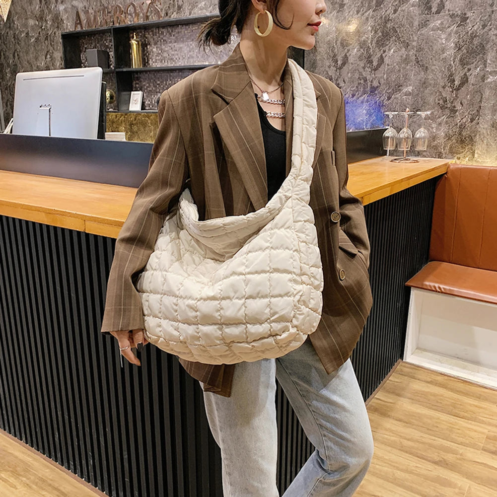 Lattice Pattern Shoulder Bag Space Cotton Handbag Women Large Capacity