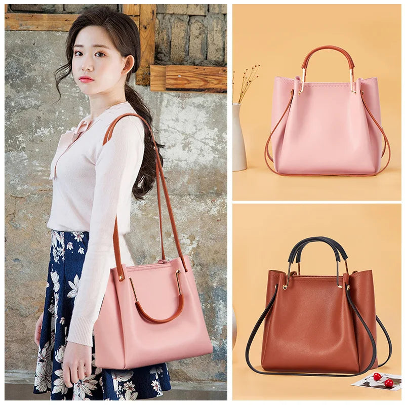 Women's PU Leather Bucket Bag Large Capacity Shoulder Handbag