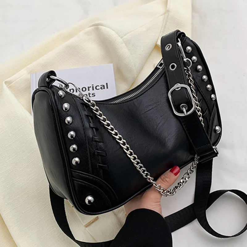 Stylish Rivet Half-Moon Crossbody Bag with Chain Strap