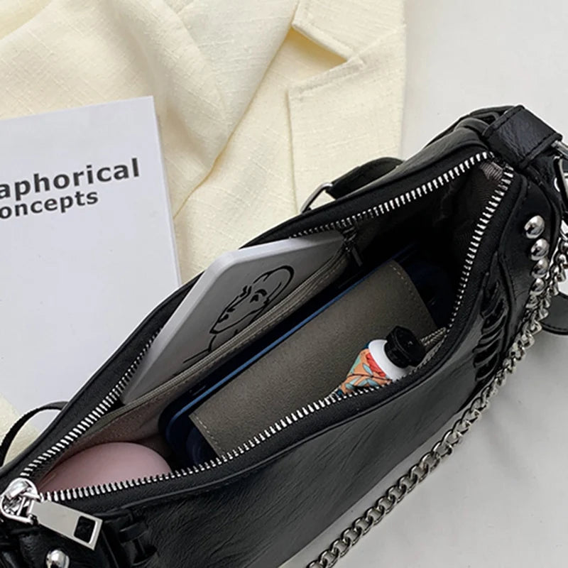 Stylish Rivet Half-Moon Crossbody Bag with Chain Strap