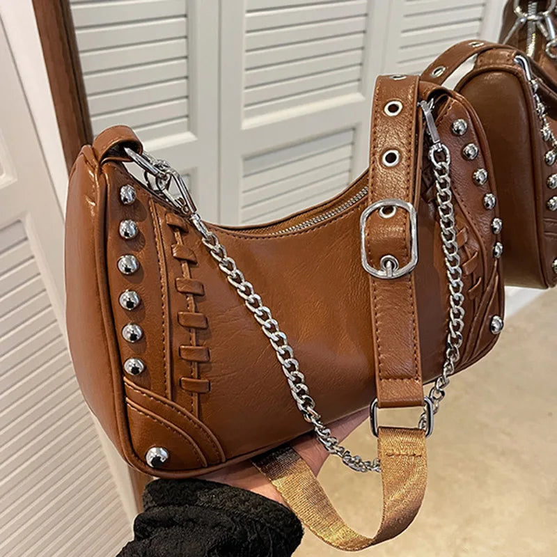 Stylish Rivet Half-Moon Crossbody Bag with Chain Strap