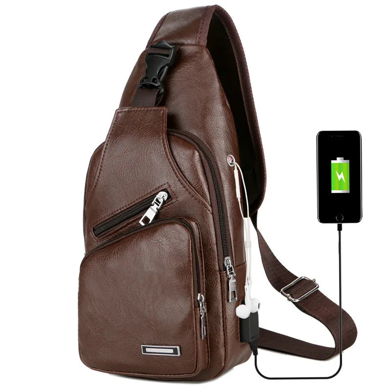 Men's Leather Chest Bag USB Port Charging Outdoor Sports Crossbody