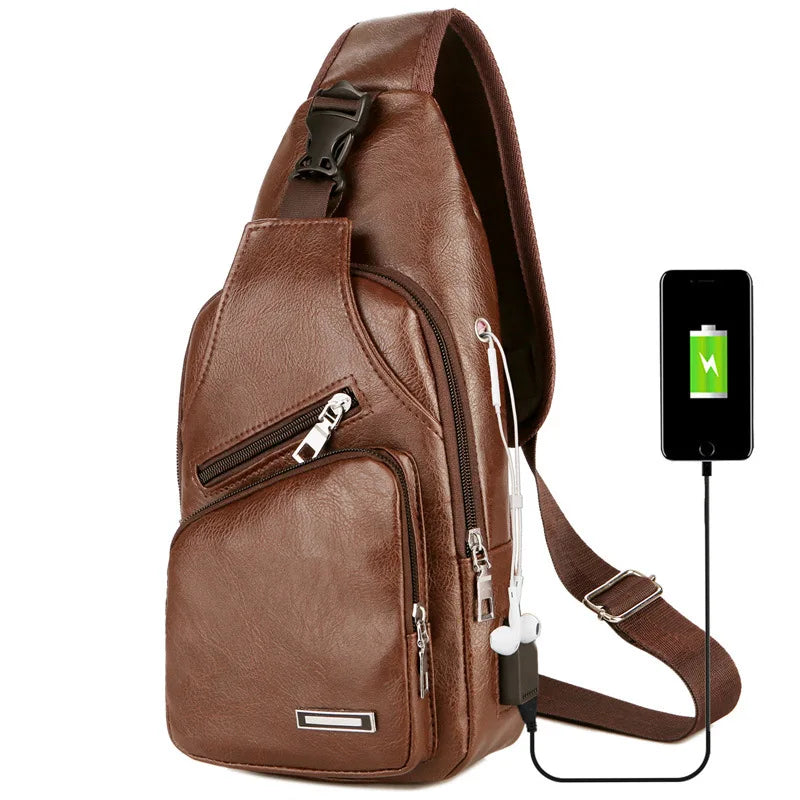 Men's Leather Chest Bag USB Port Charging Outdoor Sports Crossbody