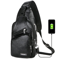 Men's Leather Chest Bag USB Port Charging Outdoor Sports Crossbody