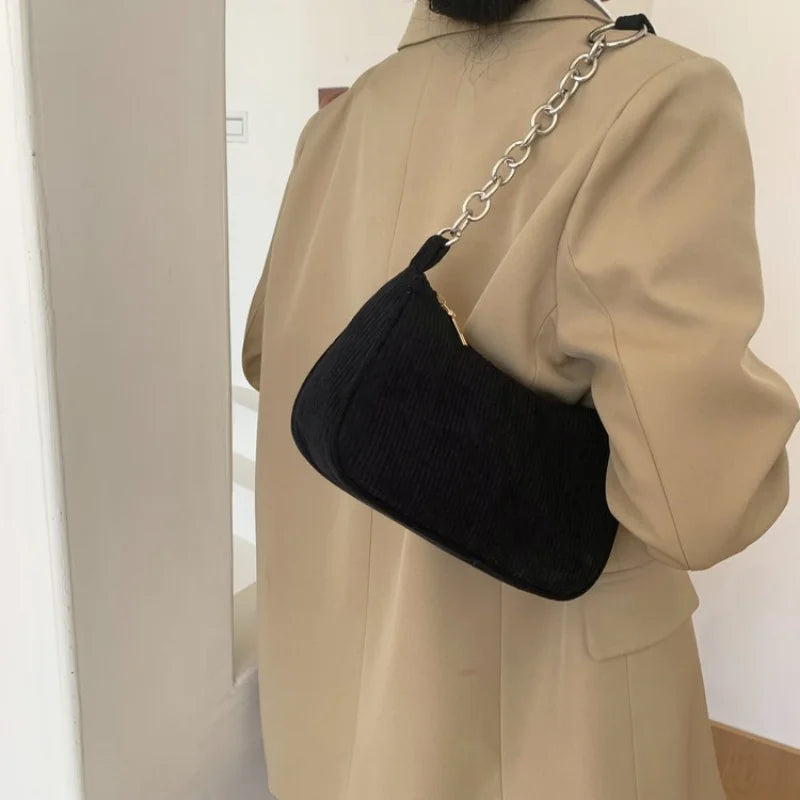 Corduroy French Stick Handbag Retro One Shoulder Bag Solid Color Square Bag