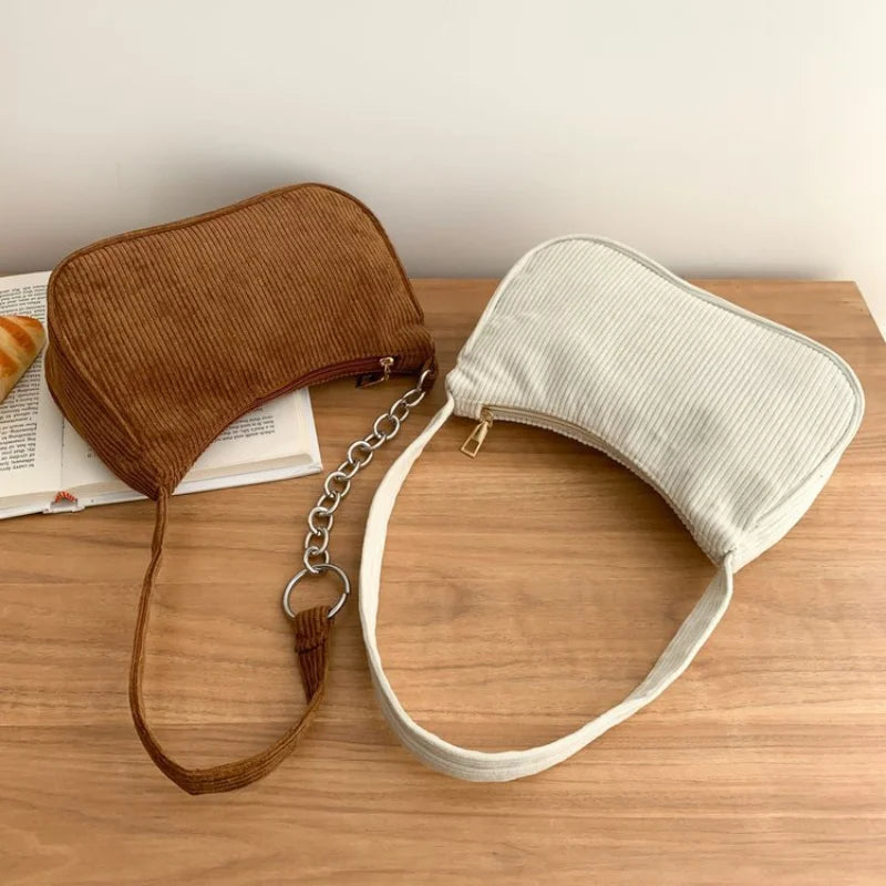 Corduroy French Stick Handbag Retro One Shoulder Bag Solid Color Square Bag