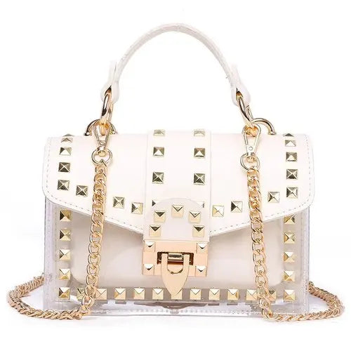 Small Pink Yellow PVC Handbag with Chains Rivet for Women