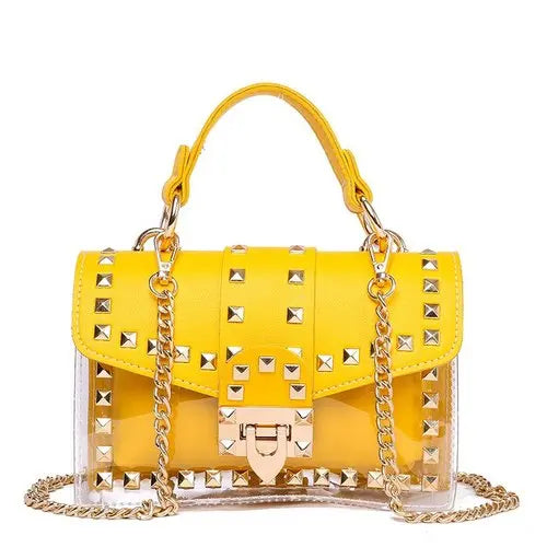 Small Pink Yellow PVC Handbag with Chains Rivet for Women