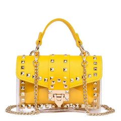 Small Pink Yellow PVC Handbag with Chains Rivet for Women