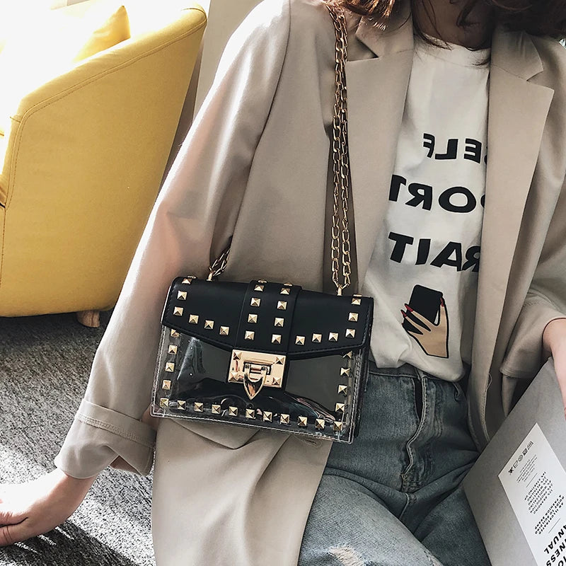 Small Pink Yellow PVC Handbag with Chains Rivet for Women