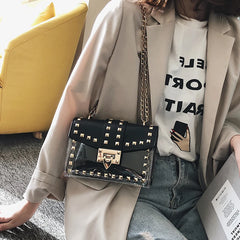 Small Pink Yellow PVC Handbag with Chains Rivet for Women