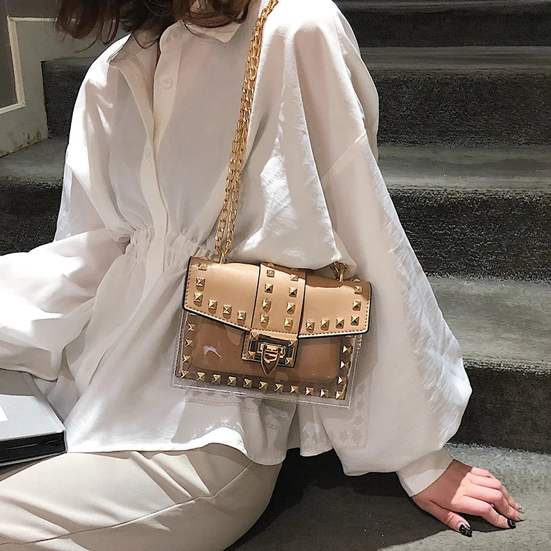 Small Pink Yellow PVC Handbag with Chains Rivet for Women
