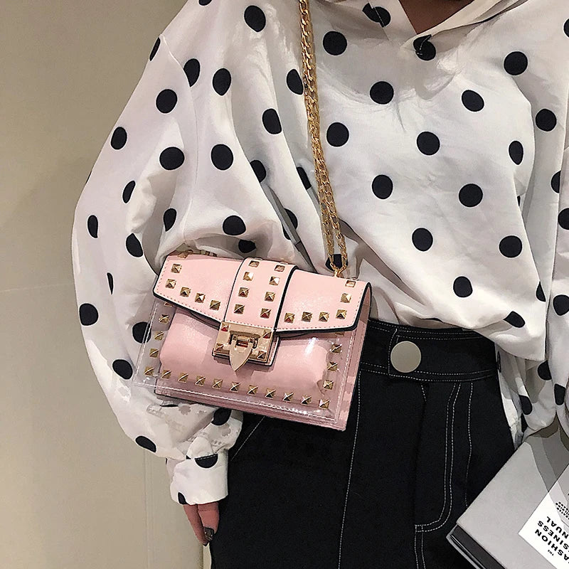 Small Pink Yellow PVC Handbag with Chains Rivet for Women
