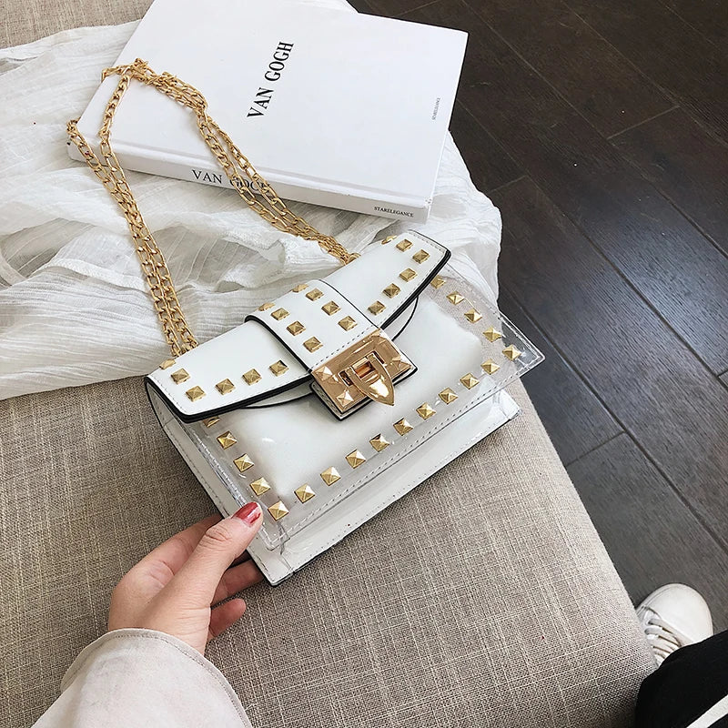 Small Pink Yellow PVC Handbag with Chains Rivet for Women