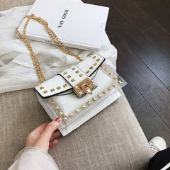 Small Pink Yellow PVC Handbag with Chains Rivet for Women