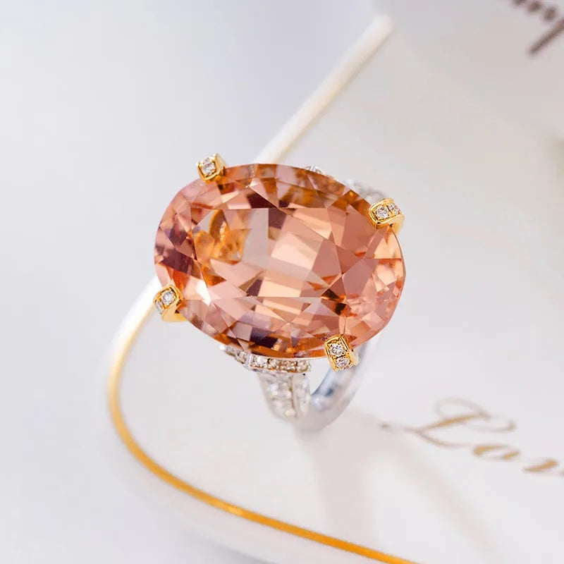Champagne Pigeon Eggs Morganite Stone Ring Silver Cubic Zirconia