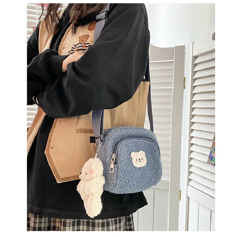 Bear Pattern Messenger Bags for Women Soft Plush Mobile Phone Bag