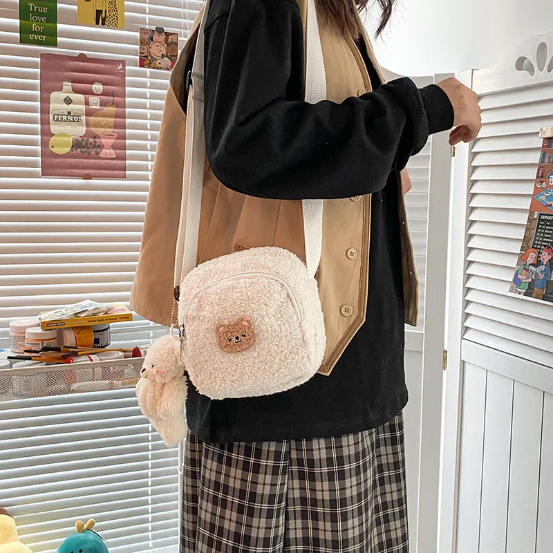 Bear Pattern Messenger Bags for Women Soft Plush Mobile Phone Bag