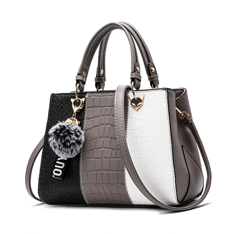 Women's Leather Stitching Handbag Tote Wallets Fur Messenger Purse