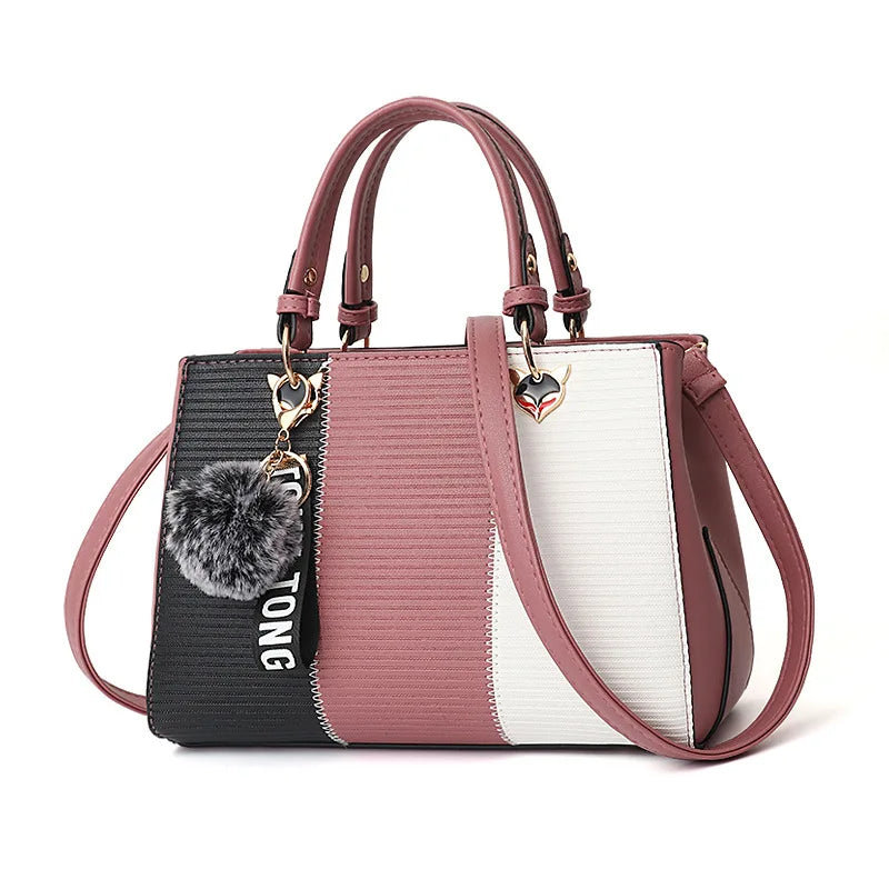 Women's Leather Stitching Handbag Tote Wallets Fur Messenger Purse