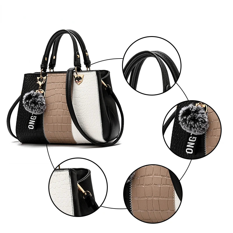 Women's Leather Stitching Handbag Tote Wallets Fur Messenger Purse