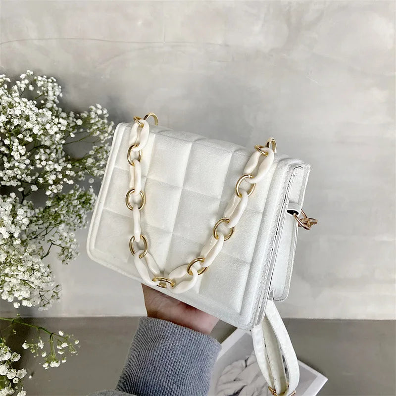 Flannel Crossbody Bags Women Chain Handbag Solid Shoulder Bags