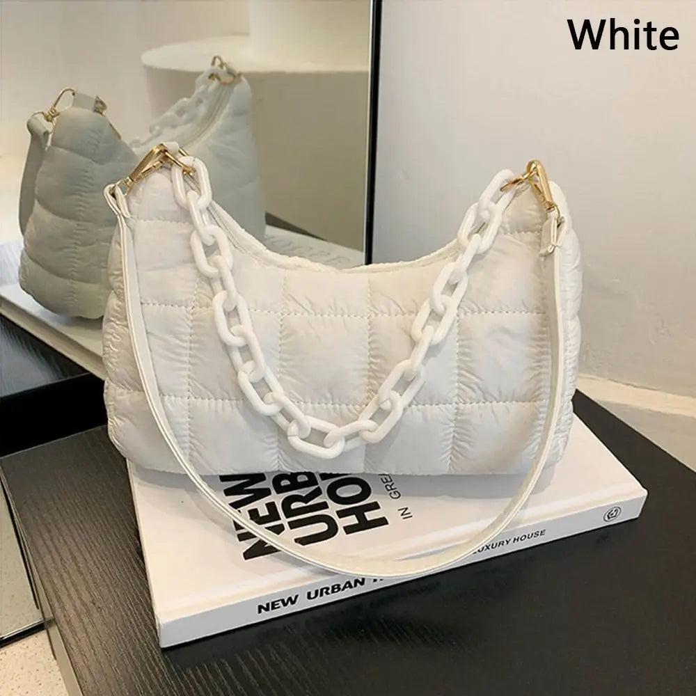 Quilted Underarm Bag Chain Nylon Shoulder Tote Down Padded Handbag Winter Warm