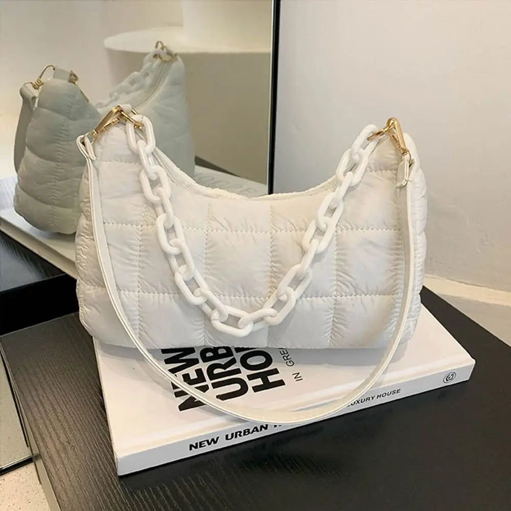 Quilted Underarm Bag Chain Nylon Shoulder Tote Down Padded Handbag Winter Warm