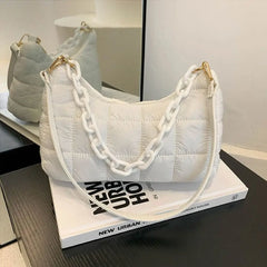 Quilted Underarm Bag Chain Nylon Shoulder Tote Down Padded Handbag Winter Warm
