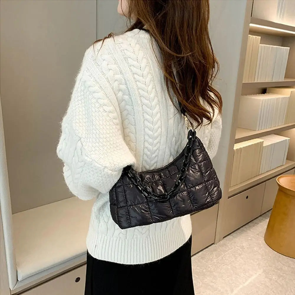 Quilted Underarm Bag Chain Nylon Shoulder Tote Down Padded Handbag Winter Warm