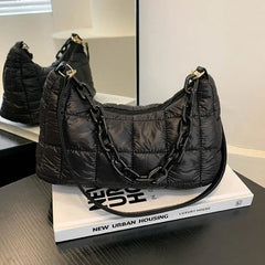 Quilted Underarm Bag Chain Nylon Shoulder Tote Down Padded Handbag Winter Warm