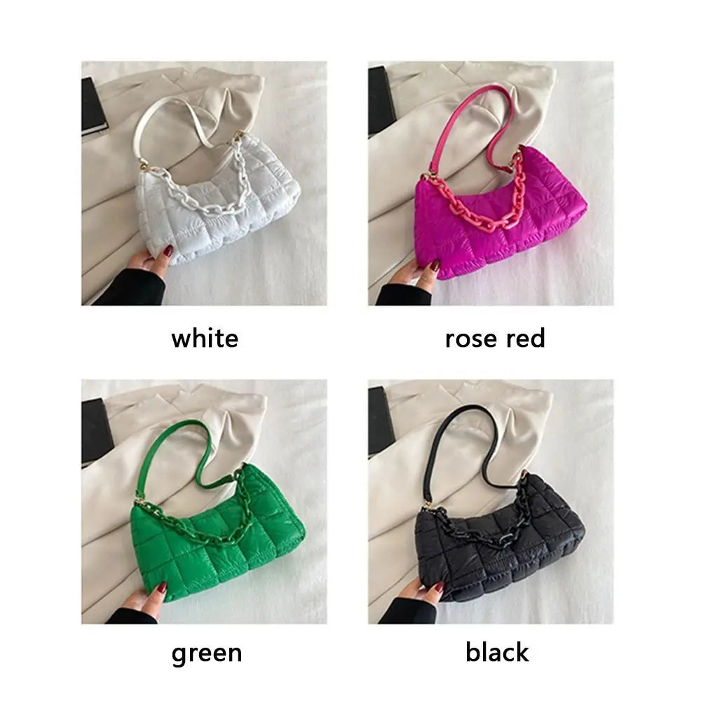 Quilted Underarm Bag Chain Nylon Shoulder Tote Down Padded Handbag Winter Warm