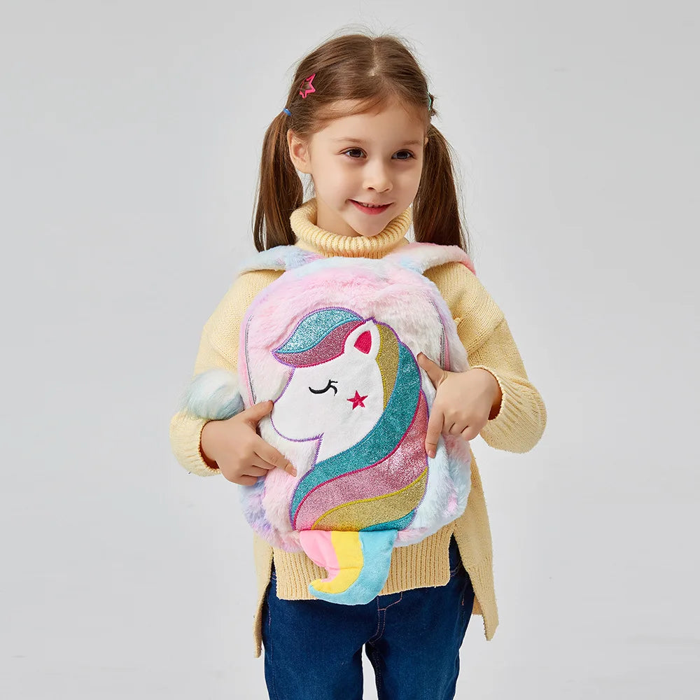 Unicorn Backpack for Girls Plush Schoolbag Rainbow Tail School Bags