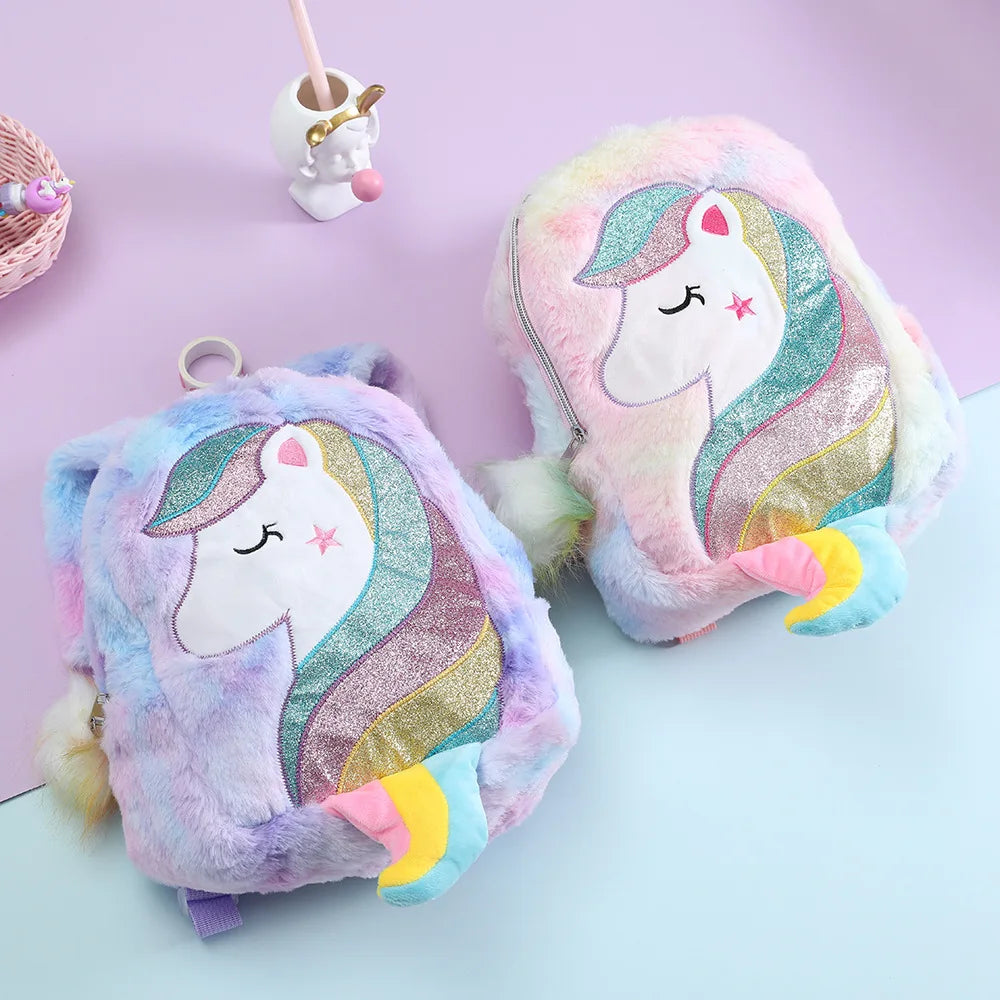 Unicorn Backpack for Girls Plush Schoolbag Rainbow Tail School Bags