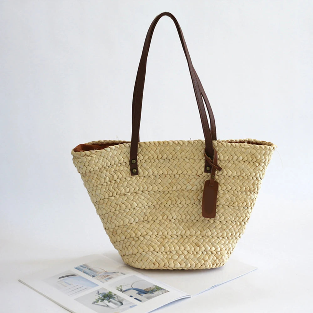 Large Capacity Straw Woven Shoulder Bags Hand-woven Tote Bags