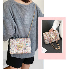 Women's Ins Tweed Chain Messenger Bag Flap Shoulder Tote Handbag