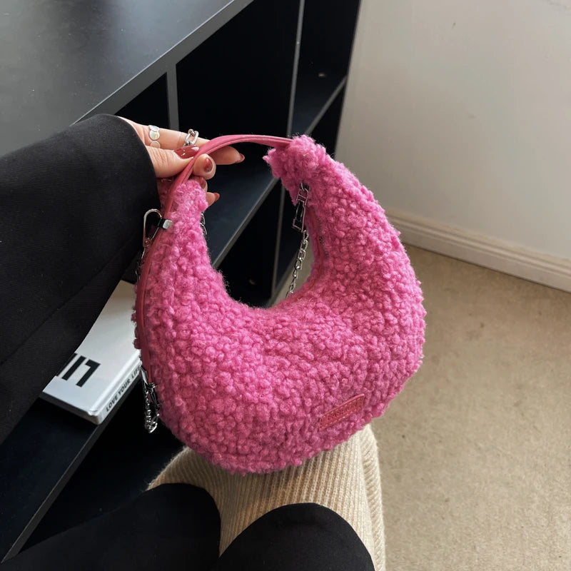 Faux Fur Half Moon Shoulder Bag Plush Winter Handbag