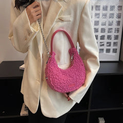Faux Fur Half Moon Shoulder Bag Plush Winter Handbag