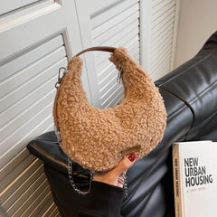 Faux Fur Half Moon Shoulder Bag Plush Winter Handbag