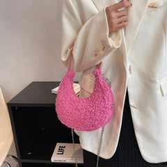 Faux Fur Half Moon Shoulder Bag Plush Winter Handbag