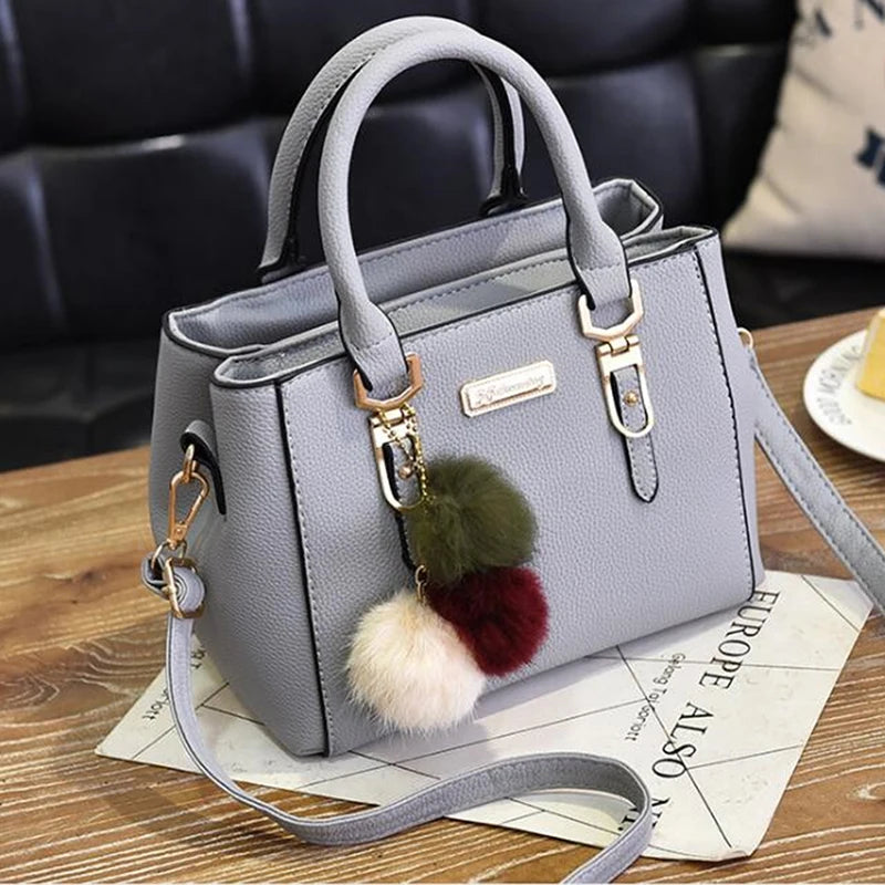 Furry Ball PU Leather Large Capacity Waterproof Handbag