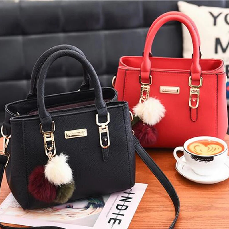 Furry Ball PU Leather Large Capacity Waterproof Handbag