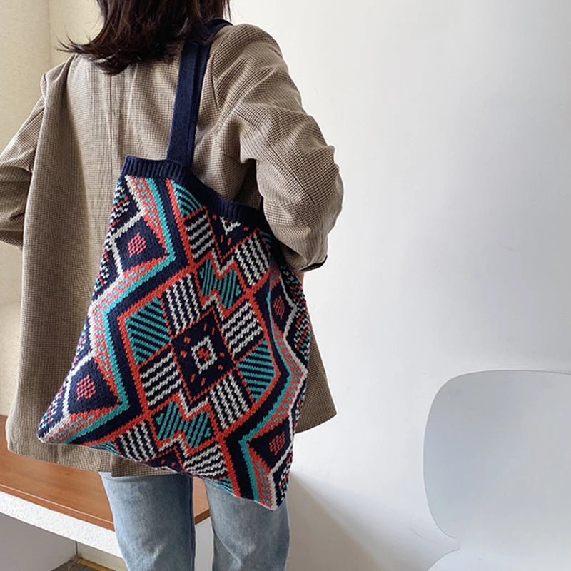 Geometric Patterns Knitting Shoulder Bag Large Capacity Handle Tote