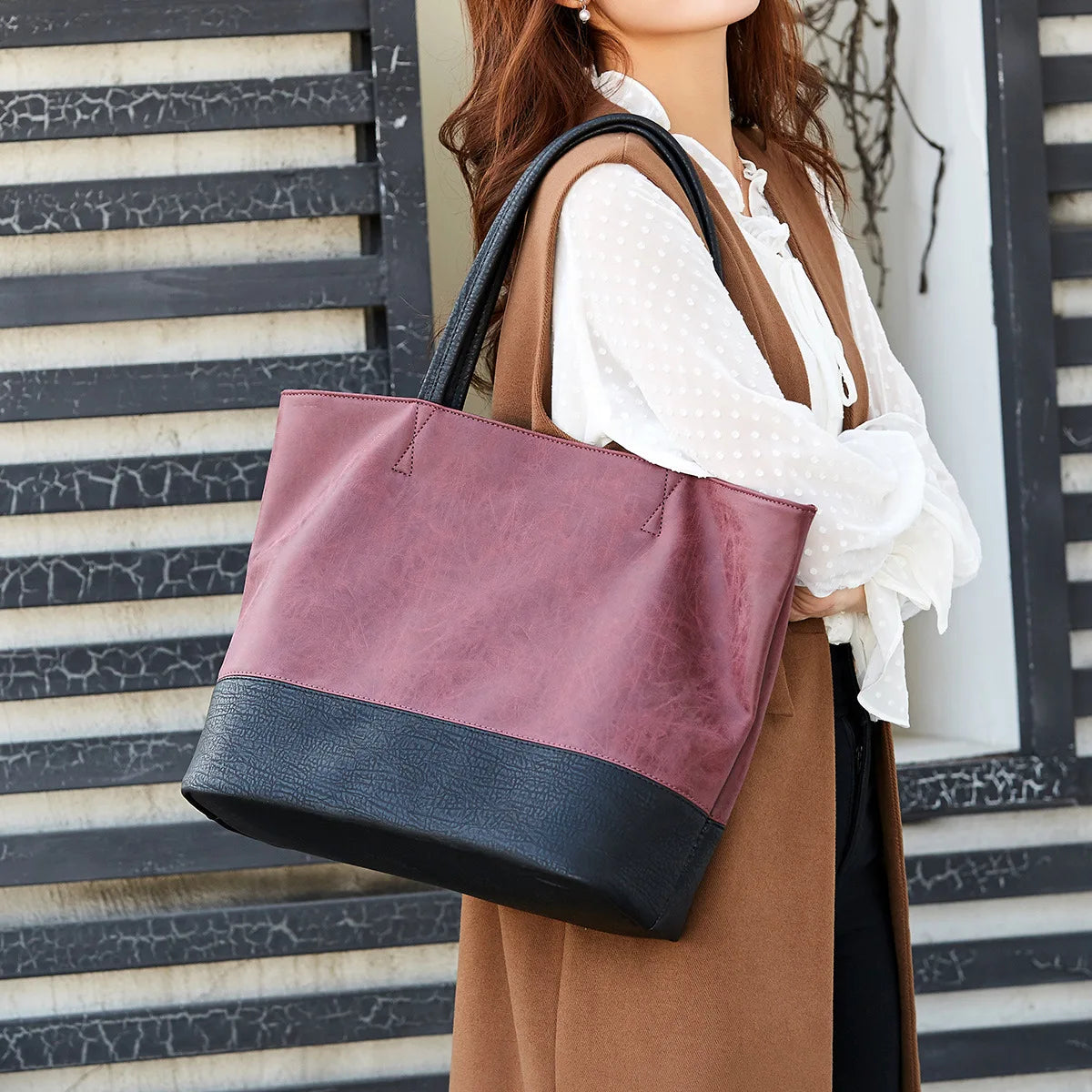 Large Retro Women Tote Casual Shoulder Bag PU Leather Female Shopping Bag