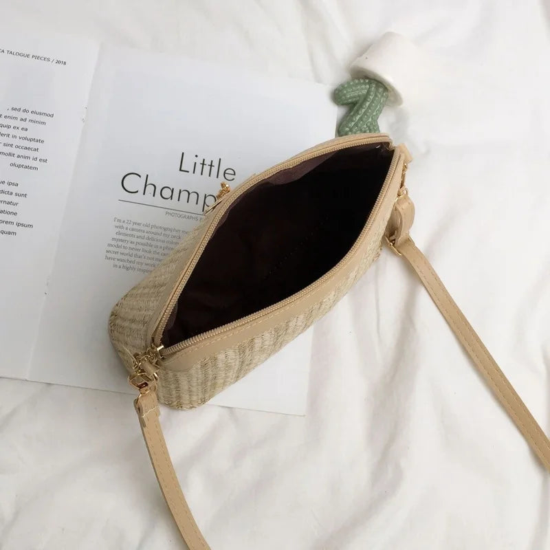 Linen Straw Shell Fawn Shoulder Diagonal Women's Bag National Style Bag
