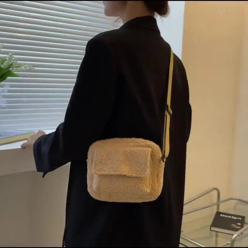 Plush Fabric Women's Crossbody Bag - Small Lambs Wool Fluffy Fur Winter F