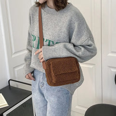 Plush Fabric Women's Crossbody Bag - Small Lambs Wool Fluffy Fur Winter F